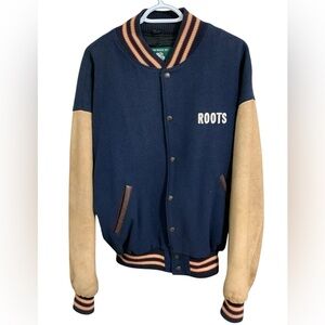 Vintage Custom Made Roots Wool & Leather Varsity Jacket For Faceoff.com Size L
